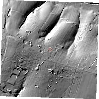 Shaded relief map of the ground around TN225QY, computed from Environment Agency LiDAR. The ground here sits at about 57 m above sea level and falls 34 m across the surrounding 800 m. Surface water reaching this point runs off ground lying to the south-west, 1.3 m higher.