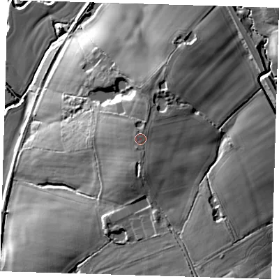 Shaded relief map of the ground around TN225TJ, computed from Environment Agency LiDAR. The ground here sits at about 33 m above sea level and falls 22 m across the surrounding 800 m. Surface water reaching this point runs off ground lying to the south, 1.9 m higher.