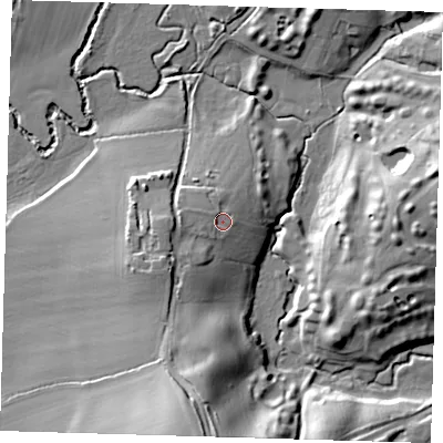 Shaded relief map of the ground around TN225TT, computed from Environment Agency LiDAR. The ground here sits at about 20 m above sea level and falls 26 m across the surrounding 800 m. Surface water reaching this point runs off ground lying to the west, 3.1 m higher.