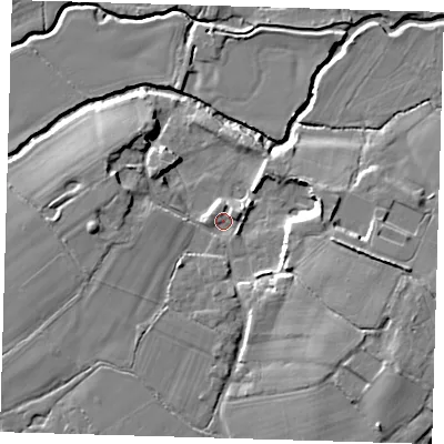 Shaded relief map of the ground around TN225XG, computed from Environment Agency LiDAR. The ground here sits at about 13 m above sea level and falls 16 m across the surrounding 800 m. Surface water reaching this point runs off ground lying to the east-north-east, 2.1 m higher.