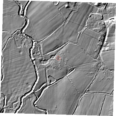 Shaded relief map of the ground around TN225XJ, computed from Environment Agency LiDAR. The ground here sits at about 9 m above sea level and falls 11 m across the surrounding 800 m. Surface water reaching this point runs off ground lying to the east-south-east, 1.0 m higher.