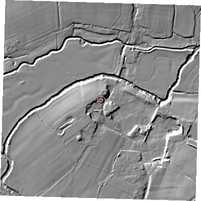 Shaded relief map of the ground around TN225XP, computed from Environment Agency LiDAR. The ground here sits at about 14 m above sea level and falls 15 m across the surrounding 800 m. Surface water reaching this point runs off ground lying to the south-west, 4.6 m higher.