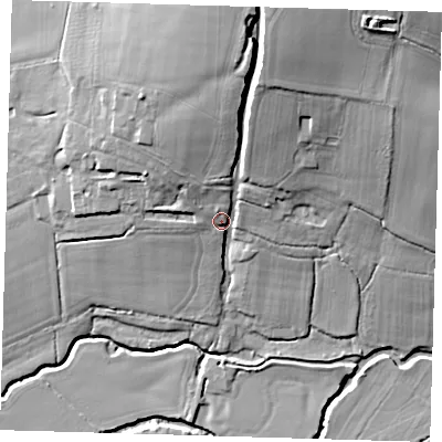 Shaded relief map of the ground around TN225XR, computed from Environment Agency LiDAR. The ground here sits at about 17 m above sea level and falls 29 m across the surrounding 800 m. Surface water reaching this point runs off ground lying to the north-north-east, 20.3 m higher.