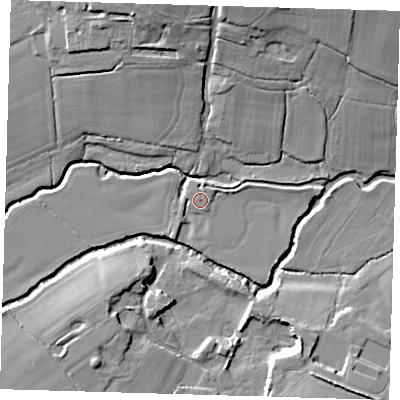 Shaded relief map of the ground around TN225XS, computed from Environment Agency LiDAR. The ground here sits at about 10 m above sea level and falls 19 m across the surrounding 800 m. Surface water reaching this point runs off ground lying to the north-east, 1.0 m higher.