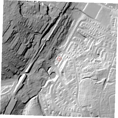 Shaded relief map of the ground around TN23AN, computed from Environment Agency LiDAR. The ground here sits at about 71 m above sea level and falls 50 m across the surrounding 800 m. Surface water reaching this point runs off ground lying to the south-east, 45.1 m higher.