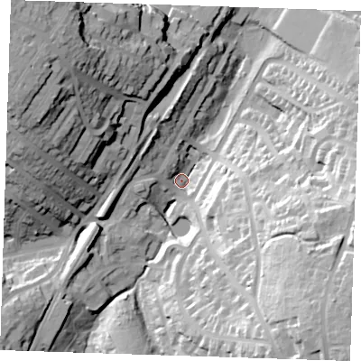 Shaded relief map of the ground around TN23AP, computed from Environment Agency LiDAR. The ground here sits at about 70 m above sea level and falls 49 m across the surrounding 800 m. Surface water reaching this point runs off ground lying to the north-west, 46.3 m higher.