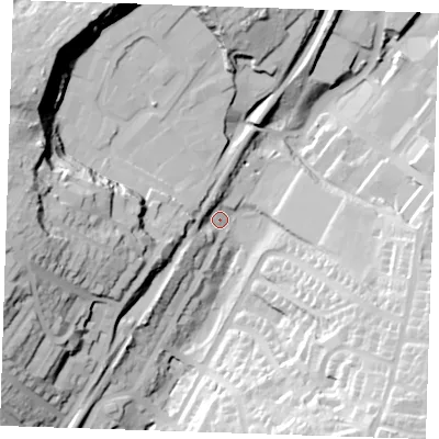 Shaded relief map of the ground around TN23AS, computed from Environment Agency LiDAR. The ground here sits at about 71 m above sea level and falls 48 m across the surrounding 800 m. Surface water reaching this point runs off ground lying to the south-east, 37.2 m higher.