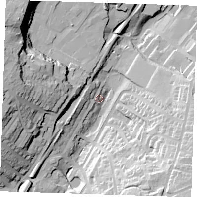 Shaded relief map of the ground around TN23AU, computed from Environment Agency LiDAR. The ground here sits at about 72 m above sea level and falls 49 m across the surrounding 800 m. Surface water reaching this point runs off ground lying to the south-east, 44.4 m higher.