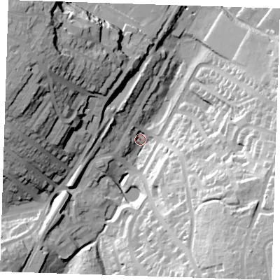 Shaded relief map of the ground around TN23AY, computed from Environment Agency LiDAR. The ground here sits at about 69 m above sea level and falls 49 m across the surrounding 800 m. Surface water reaching this point runs off ground lying to the west-north-west, 45.3 m higher.