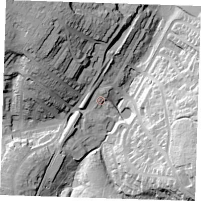 Shaded relief map of the ground around TN23DB, computed from Environment Agency LiDAR. The ground here sits at about 77 m above sea level and falls 50 m across the surrounding 800 m. Surface water reaching this point runs off ground lying to the north-west, 43.3 m higher.