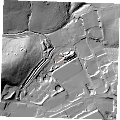 Shaded relief map of the ground around TN23EE, computed from Environment Agency LiDAR. The ground here sits at about 53 m above sea level and falls 37 m across the surrounding 800 m. Surface water reaching this point runs off ground lying to the east-south-east, 26.8 m higher.