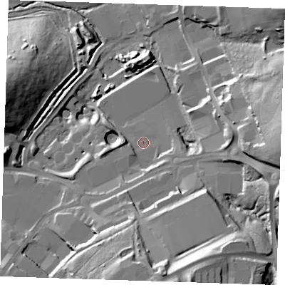 Shaded relief map of the ground around TN23EW, computed from Environment Agency LiDAR. The ground here sits at about 61 m above sea level and falls 41 m across the surrounding 800 m. Surface water reaching this point runs off ground lying to the south-south-east, 19.5 m higher.