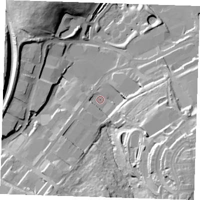 Shaded relief map of the ground around TN23EY, computed from Environment Agency LiDAR. The ground here sits at about 64 m above sea level and falls 49 m across the surrounding 800 m. Surface water reaching this point runs off ground lying to the south-east, 37.5 m higher.