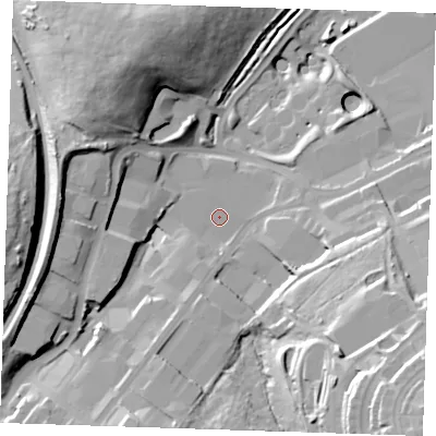 Shaded relief map of the ground around TN23FB, computed from Environment Agency LiDAR. The ground here sits at about 62 m above sea level and falls 47 m across the surrounding 800 m. Surface water reaching this point runs off ground lying to the south-south-west, 4.9 m higher.
