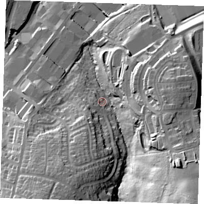Shaded relief map of the ground around TN23JZ, computed from Environment Agency LiDAR. The ground here sits at about 72 m above sea level and falls 59 m across the surrounding 800 m. Surface water reaching this point runs off ground lying to the south-west, 5.8 m higher.