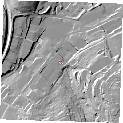 Shaded relief map of the ground around TN23UG, computed from Environment Agency LiDAR. The ground here sits at about 67 m above sea level and falls 48 m across the surrounding 800 m. Surface water reaching this point runs off ground lying to the south-south-west, 7.8 m higher.