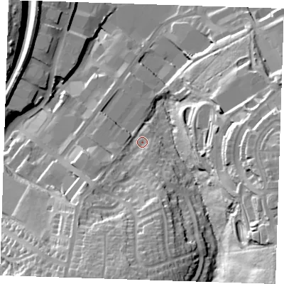 Shaded relief map of the ground around TN23UJ, computed from Environment Agency LiDAR. The ground here sits at about 70 m above sea level and falls 45 m across the surrounding 800 m. Surface water reaching this point runs off ground lying to the south, 30.0 m higher.