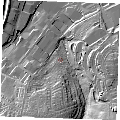 Shaded relief map of the ground around TN23UN, computed from Environment Agency LiDAR. The ground here sits at about 71 m above sea level and falls 52 m across the surrounding 800 m. Surface water reaching this point runs off ground lying to the south, 7.7 m higher.