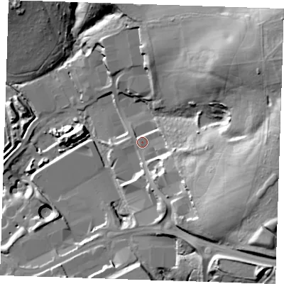 Shaded relief map of the ground around TN23UP, computed from Environment Agency LiDAR. The ground here sits at about 65 m above sea level and falls 47 m across the surrounding 800 m. Surface water reaching this point runs off ground lying to the east-south-east, 32.1 m higher.
