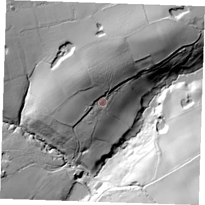 Shaded relief map of the ground around TN24AP, computed from Environment Agency LiDAR. The ground here sits at about 63 m above sea level and falls 48 m across the surrounding 800 m. Surface water reaching this point runs off ground lying to the north-west, 19.2 m higher.
