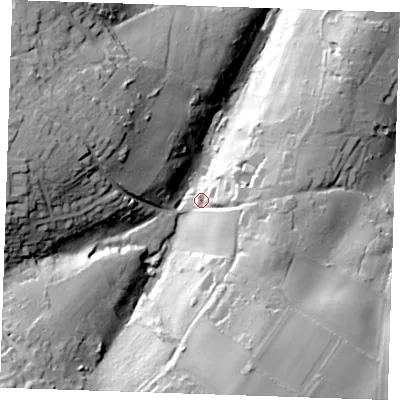 Shaded relief map of the ground around TN24JD, computed from Environment Agency LiDAR. The ground here sits at about 90 m above sea level and falls 56 m across the surrounding 800 m. Surface water reaching this point runs off ground lying to the south-south-east, 35.5 m higher.