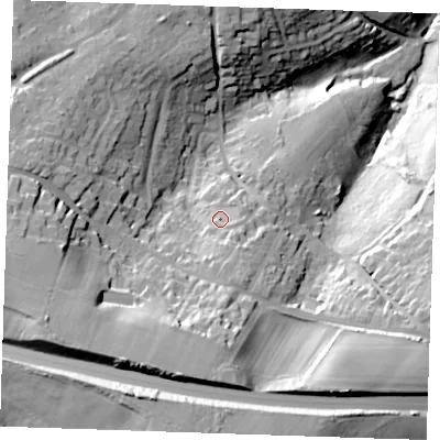 Shaded relief map of the ground around TN24LJ, computed from Environment Agency LiDAR. The ground here sits at about 120 m above sea level and falls 61 m across the surrounding 800 m. Surface water reaching this point runs off ground lying to the south-south-east, 5.5 m higher.