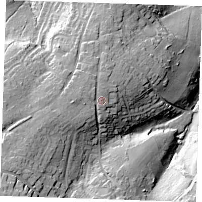 Shaded relief map of the ground around TN24LN, computed from Environment Agency LiDAR. The ground here sits at about 121 m above sea level and falls 53 m across the surrounding 800 m. Surface water reaching this point runs off ground lying to the west, 4.0 m higher.