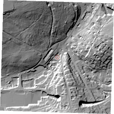 Shaded relief map of the ground around TN25NP, computed from Environment Agency LiDAR. The ground here sits at about 79 m above sea level and falls 46 m across the surrounding 800 m. Surface water reaching this point runs off ground lying to the north-west, 42.1 m higher.