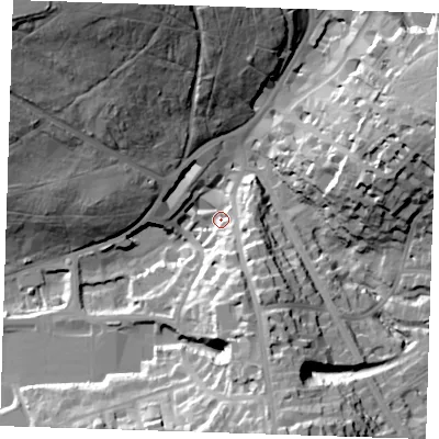 Shaded relief map of the ground around TN25QJ, computed from Environment Agency LiDAR. The ground here sits at about 82 m above sea level and falls 45 m across the surrounding 800 m. Surface water reaching this point runs off ground lying to the south-south-east, 13.8 m higher.
