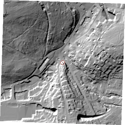 Shaded relief map of the ground around TN25RU, computed from Environment Agency LiDAR. The ground here sits at about 83 m above sea level and falls 47 m across the surrounding 800 m. Surface water reaching this point runs off ground lying to the east-north-east, 29.2 m higher.