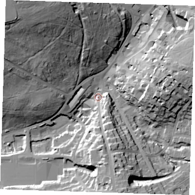 Shaded relief map of the ground around TN25SA, computed from Environment Agency LiDAR. The ground here sits at about 81 m above sea level and falls 46 m across the surrounding 800 m. Surface water reaching this point runs off ground lying to the north-west, 42.7 m higher.