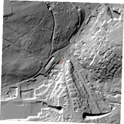Shaded relief map of the ground around TN25SQ, computed from Environment Agency LiDAR. The ground here sits at about 79 m above sea level and falls 47 m across the surrounding 800 m. Surface water reaching this point runs off ground lying to the north-west, 43.2 m higher.