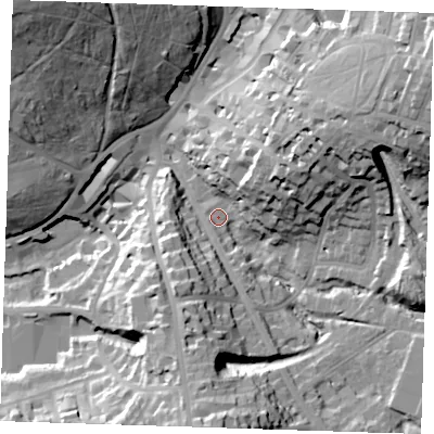 Shaded relief map of the ground around TN25TA, computed from Environment Agency LiDAR. The ground here sits at about 83 m above sea level and falls 40 m across the surrounding 800 m. Surface water reaching this point runs off ground lying to the east-north-east, 32.9 m higher.