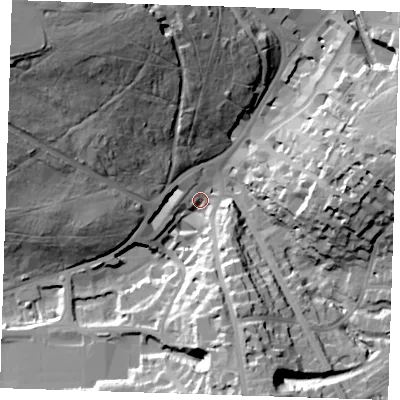 Shaded relief map of the ground around TN25TD, computed from Environment Agency LiDAR. The ground here sits at about 80 m above sea level and falls 47 m across the surrounding 800 m. Surface water reaching this point runs off ground lying to the north-west, 43.4 m higher.