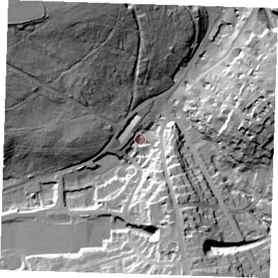Shaded relief map of the ground around TN25TE, computed from Environment Agency LiDAR. The ground here sits at about 79 m above sea level and falls 46 m across the surrounding 800 m. Surface water reaching this point runs off ground lying to the north-west, 42.7 m higher.