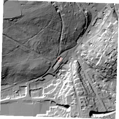 Shaded relief map of the ground around TN25TN, computed from Environment Agency LiDAR. The ground here sits at about 81 m above sea level and falls 49 m across the surrounding 800 m. Surface water reaching this point runs off ground lying to the north-west, 38.7 m higher.