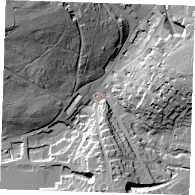 Shaded relief map of the ground around TN25TT, computed from Environment Agency LiDAR. The ground here sits at about 79 m above sea level and falls 48 m across the surrounding 800 m. Surface water reaching this point runs off ground lying to the north-west, 44.1 m higher.