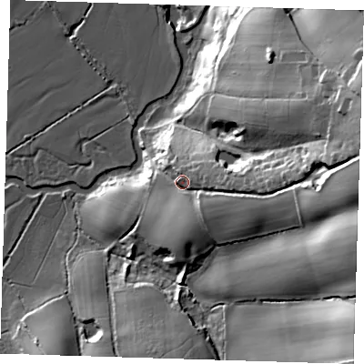Shaded relief map of the ground around TN30SP, computed from Environment Agency LiDAR. The ground here sits at about 49 m above sea level and falls 46 m across the surrounding 800 m. Surface water reaching this point runs off ground lying to the east, 31.4 m higher.