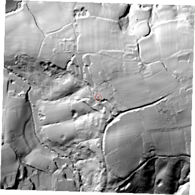 Shaded relief map of the ground around TN30TU, computed from Environment Agency LiDAR. The ground here sits at about 82 m above sea level and falls 64 m across the surrounding 800 m. Surface water reaching this point runs off ground lying to the east-north-east, 20.2 m higher.
