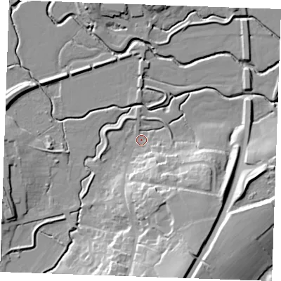 Shaded relief map of the ground around TN325AA, computed from Environment Agency LiDAR. The ground here sits at about 11 m above sea level and falls 29 m across the surrounding 800 m. Surface water reaching this point runs off ground lying to the south-south-east, 15.4 m higher.