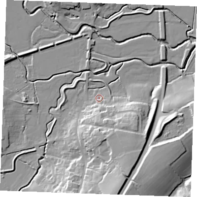 Shaded relief map of the ground around TN325AD, computed from Environment Agency LiDAR. The ground here sits at about 12 m above sea level and falls 29 m across the surrounding 800 m. Surface water reaching this point runs off ground lying to the south-south-east, 14.4 m higher.
