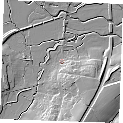 Shaded relief map of the ground around TN325AE, computed from Environment Agency LiDAR. The ground here sits at about 11 m above sea level and falls 30 m across the surrounding 800 m. Surface water reaching this point runs off ground lying to the south-east, 11.9 m higher.