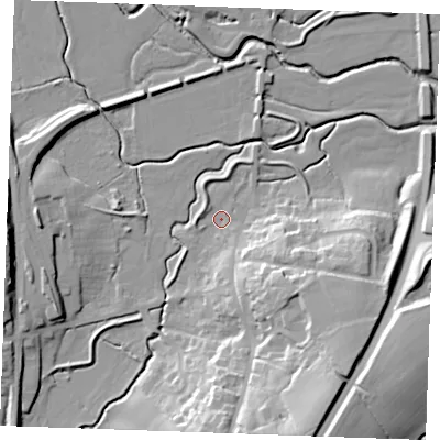 Shaded relief map of the ground around TN325AH, computed from Environment Agency LiDAR. The ground here sits at about 10 m above sea level and falls 30 m across the surrounding 800 m. Surface water reaching this point runs off ground lying to the south-east, 19.0 m higher.