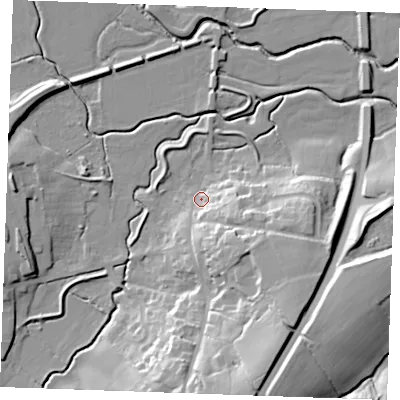 Shaded relief map of the ground around TN325AQ, computed from Environment Agency LiDAR. The ground here sits at about 12 m above sea level and falls 31 m across the surrounding 800 m. Surface water reaching this point runs off ground lying to the south-east, 16.3 m higher.
