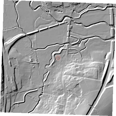 Shaded relief map of the ground around TN325BP, computed from Environment Agency LiDAR. The ground here sits at about 11 m above sea level and falls 29 m across the surrounding 800 m. Surface water reaching this point runs off ground lying to the south-east, 15.4 m higher.