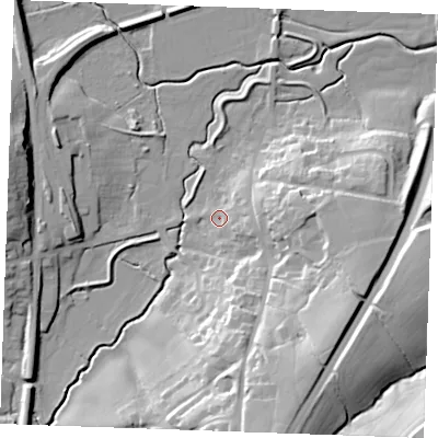 Shaded relief map of the ground around TN325DA, computed from Environment Agency LiDAR. The ground here sits at about 13 m above sea level and falls 35 m across the surrounding 800 m. Surface water reaching this point runs off ground lying to the east, 12.9 m higher.