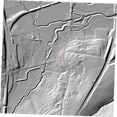 Shaded relief map of the ground around TN325DB, computed from Environment Agency LiDAR. The ground here sits at about 13 m above sea level and falls 34 m across the surrounding 800 m. Surface water reaching this point runs off ground lying to the east, 11.9 m higher.