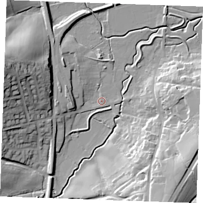 Shaded relief map of the ground around TN325DH, computed from Environment Agency LiDAR. The ground here sits at about 12 m above sea level and falls 37 m across the surrounding 800 m. Surface water reaching this point runs off ground lying to the west-north-west, 34.9 m higher.