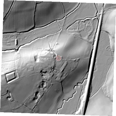 Shaded relief map of the ground around TN325EB, computed from Environment Agency LiDAR. The ground here sits at about 34 m above sea level and falls 34 m across the surrounding 800 m. Surface water reaching this point runs off ground lying to the west-south-west, 5.9 m higher.