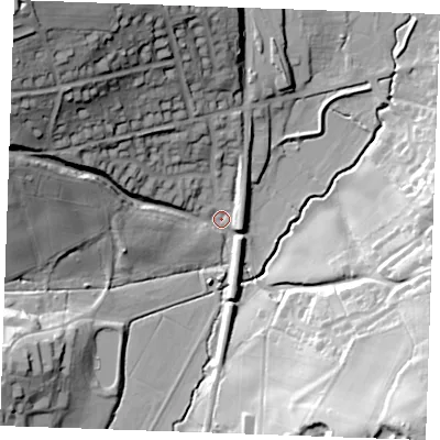 Shaded relief map of the ground around TN325ED, computed from Environment Agency LiDAR. The ground here sits at about 13 m above sea level and falls 53 m across the surrounding 800 m. Surface water reaching this point runs off ground lying to the north-west, 49.0 m higher.